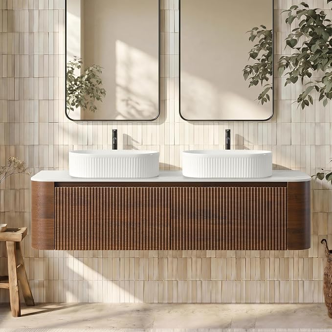 60" Floating Bathroom Vanity with Double White Sink, Walnut | Pre-Assembled Fluted Wall Mounted Vanity with Sintered Stone Countertop, Rounded Edges, Soft-Close Drawers & Towel Rack