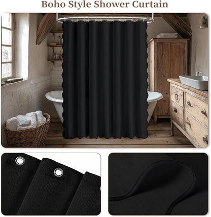 BTTN 84x72 Boho Scalloped Linen Textured Cloth Shower Curtain Set, Black | Wide Size, 230GSM Waterproof Polyester, Heavy Duty Fabric, 14 Plastic Hooks, Elegant Modern Farmhouse Style, Machine Washable
