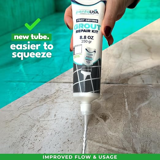 PentaUSA Premixed Tile Grout Repair - White (8.8oz/250g) | Acrylic sanded formula, for bathroom shower kitchen tile, water-resistant, applicator included, 24-hour cure, 29 sq ft