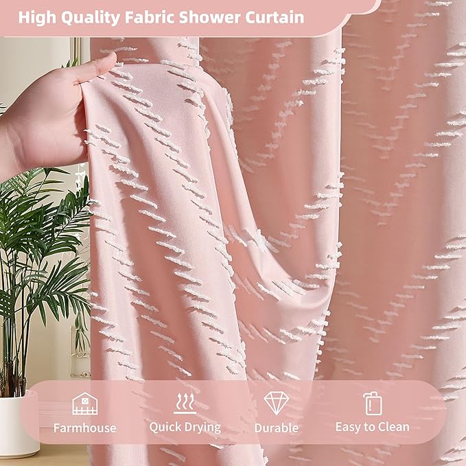 Extra Long Pink Shower Curtain with Tassel, Woven Fabric 90 in, Tufted Chevron Striped, 72 x 90, Modern Chic Textured Minimalist Bathroom