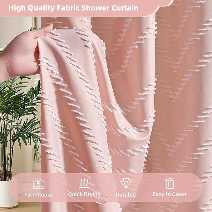 Siiluminisoy Extra Long Pink Boho Shower Curtain with White Tassel, Woven Fabric 96 in Curtain, Tufted Chevron Striped, 72x96, Modern Chic Textured Minimalist Cute for Bathroom