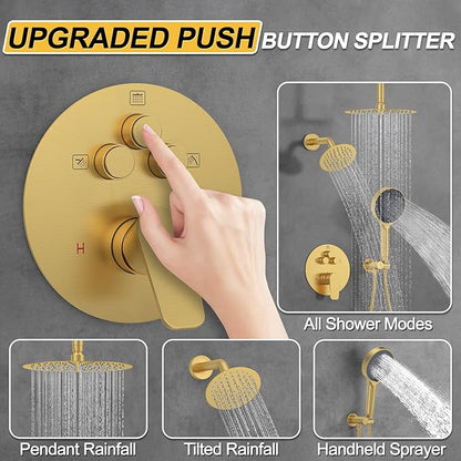 Shower Faucet Set, High Pressure Rainfall Shower Head with Handheld Spray Combo, 12 inch Ceiling Shower System, Brushed Gold Shower Head (12" Brushed Gold)