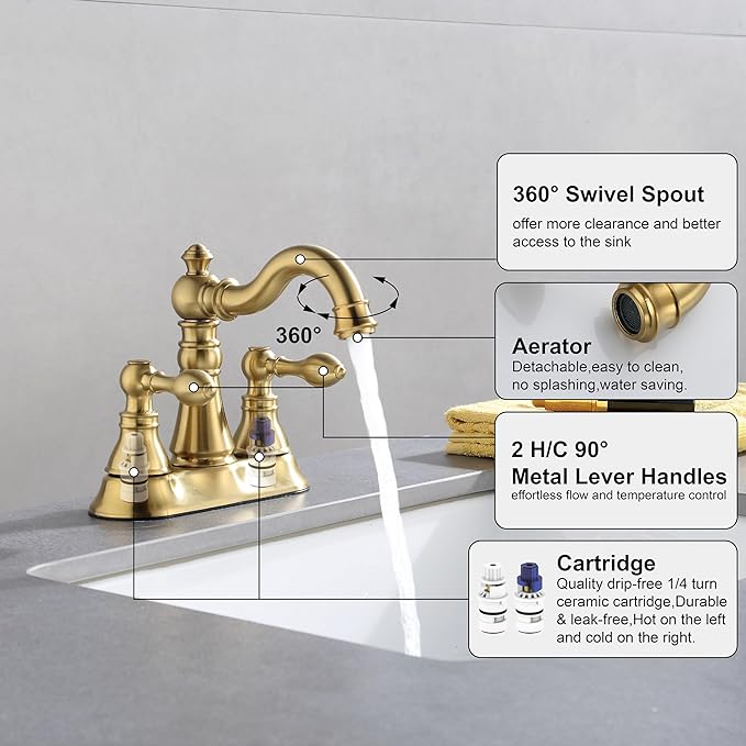 Two Handle Brushed Gold Bathroom Faucet 3 Hole with Plastic Overflow Pop-Up Drain,Swivel Spout Bathroom Sink Faucet 4 Inch Centerset,Meets cUPC NSF 61-9 AB1953,F-0048-BG
