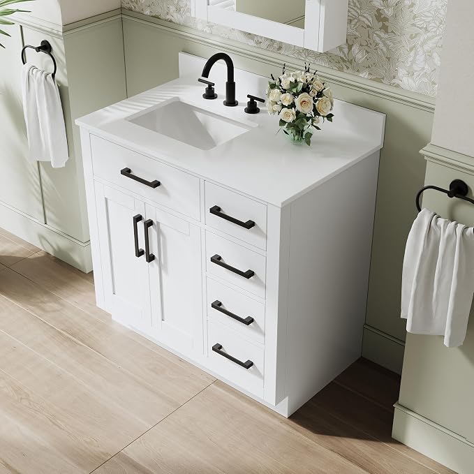 36-Inch Bathroom Vanity with Sink W/ 2 Doors & 4 Drawers & 1 Flip Drawer, White Vanity W/Matte Black Handles