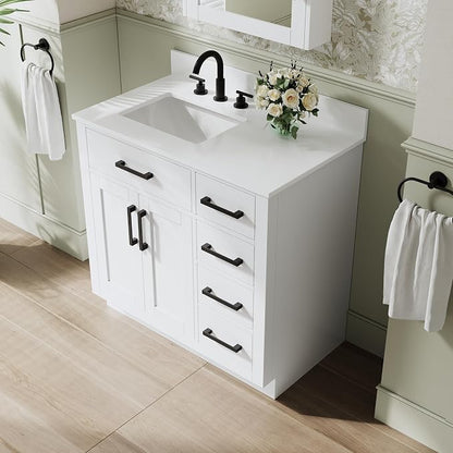 36-Inch Bathroom Vanity with Sink W/ 2 Doors & 4 Drawers & 1 Flip Drawer, White Vanity W/Matte Black Handles