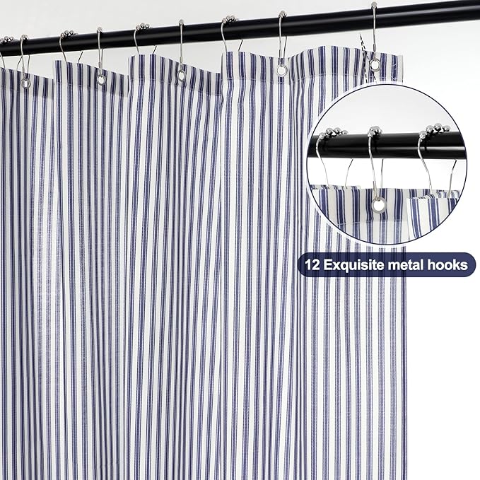 Stripe Cotton Toile Shower Curtain Ticking Stripes Woven Print Curtain Bathroom Decor for Traditional and Contemporary Style Kitchen Bath Home(Navy Blue and White,72 x 84 Inches,Stripe)