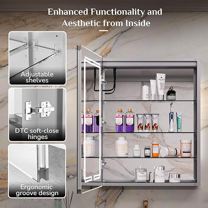 Keonjinn 30 x 32 Inch Lighted Medicine Cabinet with Lights, LED Medicine Cabinet Mirror for Bathroom, Tempered Glass, Adjustable Shelves, No Outlets, 3 Color Temperature, Anti-Fog, Surface Mount Only