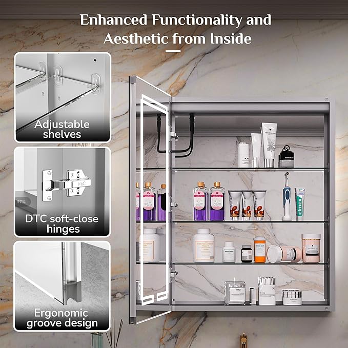 Keonjinn 24 x 32 Inch Medicine Cabinet with Lights, Bathroom LED Medicine Cabinet Mirror, Tempered Glass, UL-Listed, Adjustable Shelves, No Outlets, 3 Color Temperature, Dimmable, Wall Mount Only