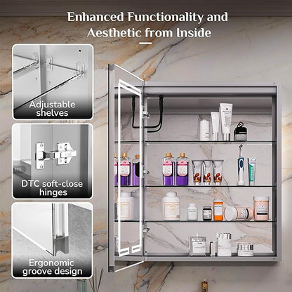 Keonjinn 36 x 32 Inch Lighted Medicine Cabinet, Large Medicine Cabinet with LED Bathroom Mirror, Tempered Glass, Adjustable Shelves, Double Doors, 3 Color Temperature, Anti-Fog, Surface Mount Only