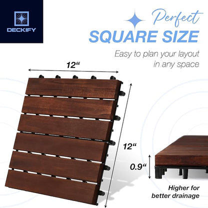 9-Piece Acacia Wood Interlocking Deck Tiles, Dark Brown Striped | 6-Slat Wide Contact, Naturally Water-Resistant, Non-Slip Grip, 490 lb Capacity, Oil-Rubbed Finish, Tool-Free, Renter-Friendly