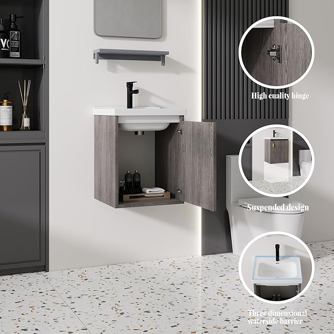 16'' Bathroom Vanity with Ceramic Sink Combo, Wall Mounted Small Bathroom Vanity with Soft-Close Door Modern Floating Cabinet, Pop-up Drain, P-Trap Included, GreyWalnut(No Faucet)