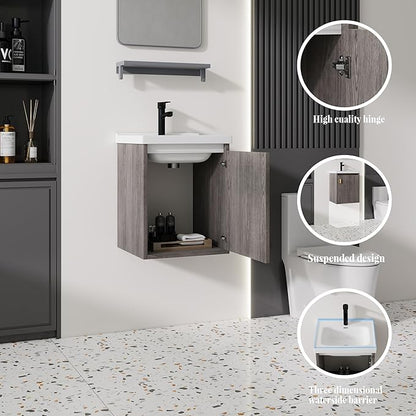 16'' Bathroom Vanity with Ceramic Sink Combo, Wall Mounted Small Bathroom Vanity with Soft-Close Door Modern Floating Cabinet, Pop-up Drain, P-Trap Included, GreyWalnut(No Faucet)