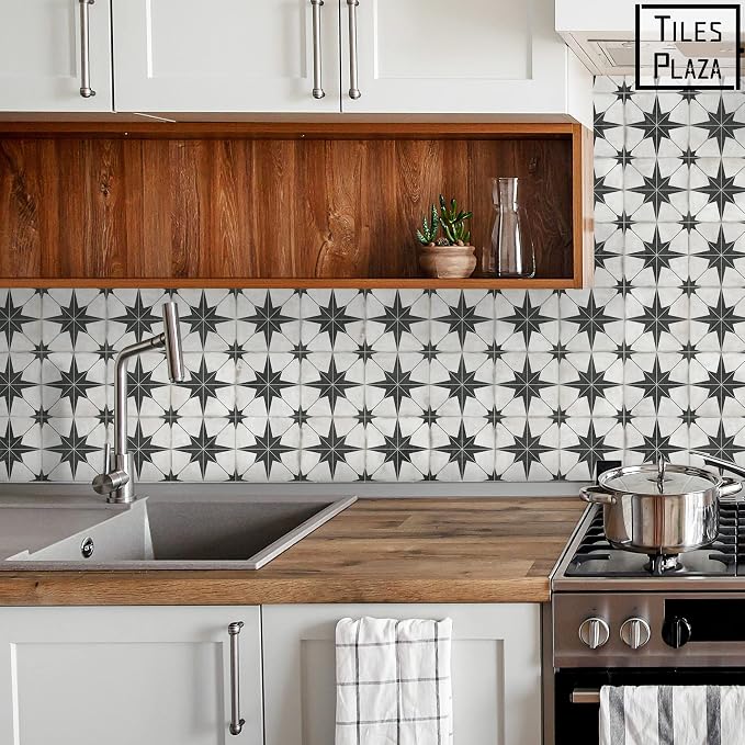 The Tiles Plaza Encaustic Peel and Stick Backsplash, Black Star Patterned Vintage Stick on Tiles, Stone Composite Self-Adhesive Wall Tile Sticker for Kitchen Bathroom Fireplace Stairs, 10 Sheets