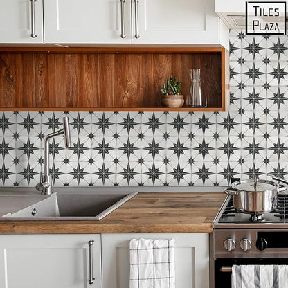 The Tiles Plaza Encaustic Peel and Stick Backsplash, Black Star Patterned Vintage Stick on Tiles, Stone Composite Self-Adhesive Wall Tile Sticker for Kitchen Bathroom Fireplace Stairs, 10 Sheets