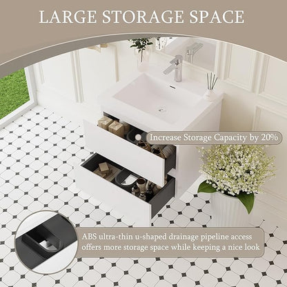 Floating Bathroom Vanity with Sink, 24" Wall-Mounted Bathroom Storage Vanity Cabinet with Resin Top Basin and Soft Close Drawers, No Assembly Required, Glossy White