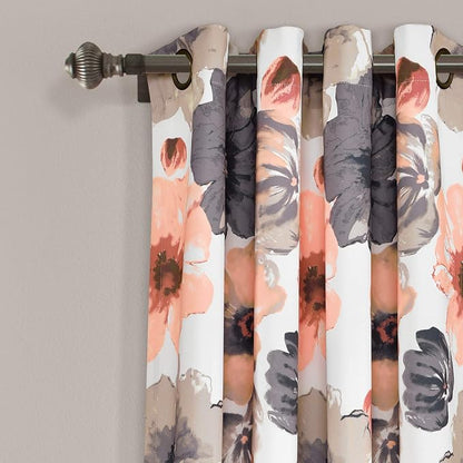 Lush Decor Leah Light Filtering Window Curtain Panels, Pair, 52" W x 63" L, Coral & Gray - Floral Drapes for Bedroom - Coral Curtains - Farmhouse Decor