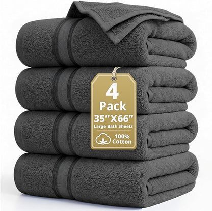 LANE LINEN Large Bath Towels - Zero Twist Cotton Construction - Set of 4 (35" x 66") Oversized Bath Towel Sets - Fade Resistant, Quick Dry & Fluffy - Instantly upgrade your bathroom decor - Space Grey