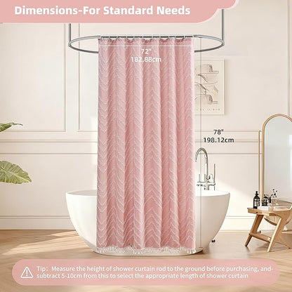 Extra Long Pink Boho Shower Curtain with White Tassel, Woven Fabric Cute Shower Curtain, Tufted Chevron Striped, 72 x 78, Modern Chic Textured Minimalist Bathroom Shower Curtain