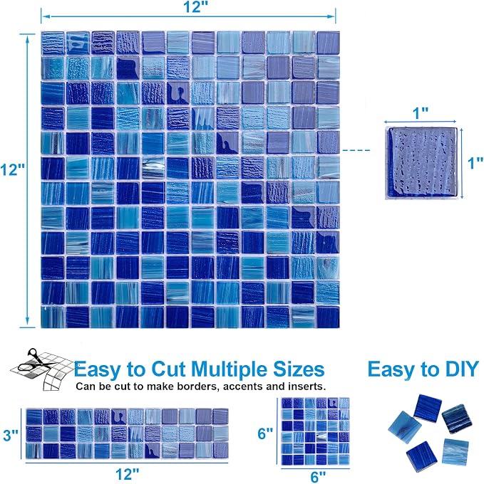 LSDECO 5 Sheets Glass Mosaic Tiles Backsplash, Pool Tiles, 12" x 12" Kitchen Backsplash Tile, Glass Tiles for Bathroom Border Shower Wall (5 Sq.Ft Cobalt Blue)