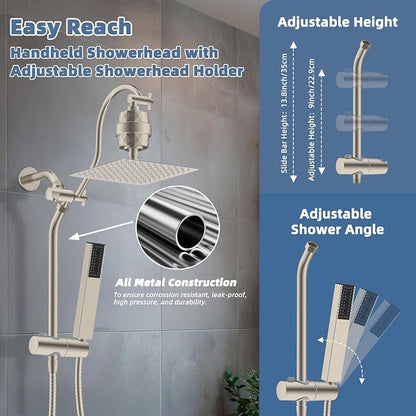 Hibbent 10'' Filtered Showerhead with 4-mode Handheld Spray, Brushed Nickel | High Pressure Showerhead Combo, 12'' Adjustable Extension Arm, Shower Filter, Extension Bar, Easy Reach Holder, 71'' Hose