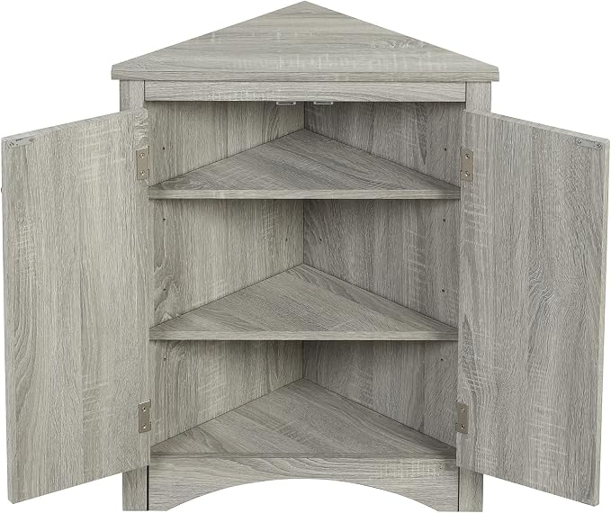 Corner Storage Cabinet with Two Doors for Bathroom, Living Room or Kitchen, Adjustable Shelf, Freestanding Floor Space Saver, Oak