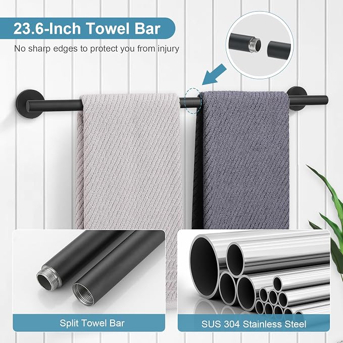 TQKAG Matte Black Bathroom Hardware Set, 6-Piece Towel Bar Set 23.6 Inch | Towel Bar Set, Wall Mounted, Bathroom Accessories Set Include Paper Holders, Towel Rings, Towel Hooks, SUS304 Stainless Steel