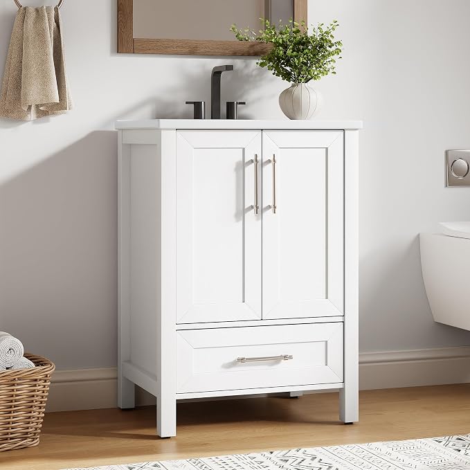 Garvee 24" Bathroom Vanity with Sink, Freestanding Bathroom Cabinet | White Bathroom Vanity Cabinet With Waterproof And Adjustable Foot & Soft-Door & Drawer & Metal Handle Easy Assembly