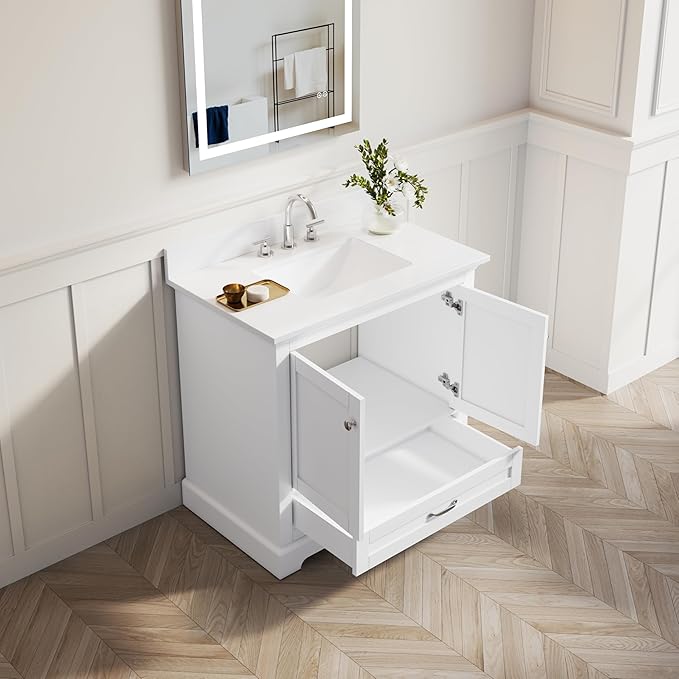 WELLFOR 36" Bathroom Vanity with Sink, Bathroom Freestanding Vanity W/ 2 Soft-Close Doors and 1 Soft-Close Drawers, Bathroom Cabinet Vanity with Engineered Stone Countertop, White