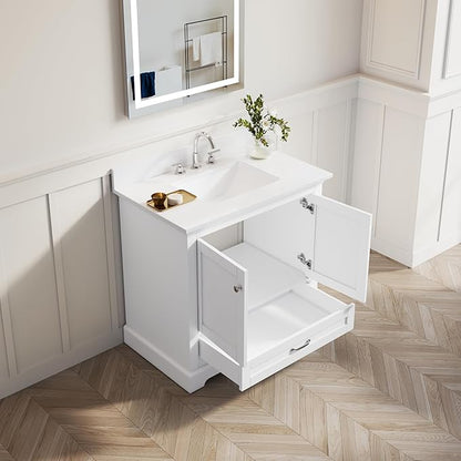 WELLFOR 36" Bathroom Vanity with Sink, Bathroom Freestanding Vanity W/ 2 Soft-Close Doors and 1 Soft-Close Drawers, Bathroom Cabinet Vanity with Engineered Stone Countertop, White