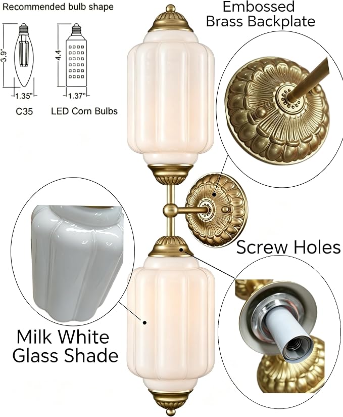 Vintage 2-Light Milk Glass Gold Wall Sconce with Brass Finish | Art Deco Vanity Light, Wall Lighting Dimmable for Bathroom Living Room Hallway Bedroom