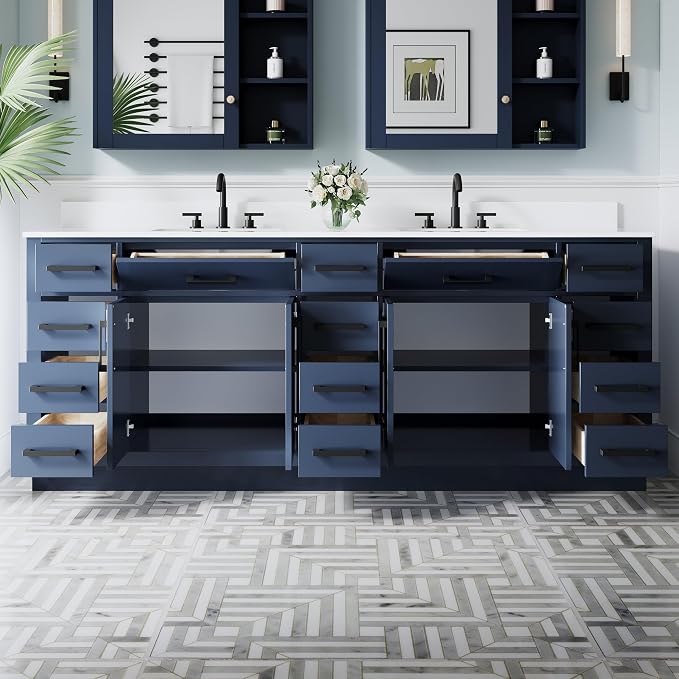 84-Inch Bathroom Vanity with Double Sinks W/ 4 Doors & 12 Drawers & 2 Flip Drawers, Navy Blue Vanity W/Matte Black Handles