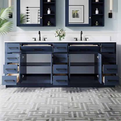 84-Inch Bathroom Vanity with Double Sinks W/ 4 Doors & 12 Drawers & 2 Flip Drawers, Navy Blue Vanity W/Matte Black Handles
