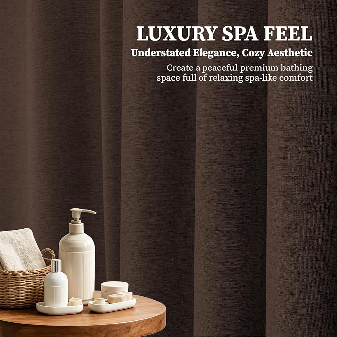 Long Linen Textured Waterproof Thick Shower Curtain Set, 72x84, Brown | Tall Size, 230GSM Polyester, Heavy Duty Cloth, Weighted Hem, 12 Plastic Hooks, Modern Luxury Hotel Style, Machine Washable