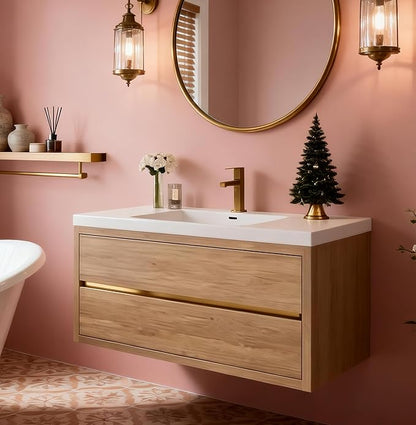 Modern 48" Wall-Mounted Bathroom Vanity with Sink | Floating Storage Cabinet, Stone Resin Countertop, Soft Close Drawers | Natural Oak
