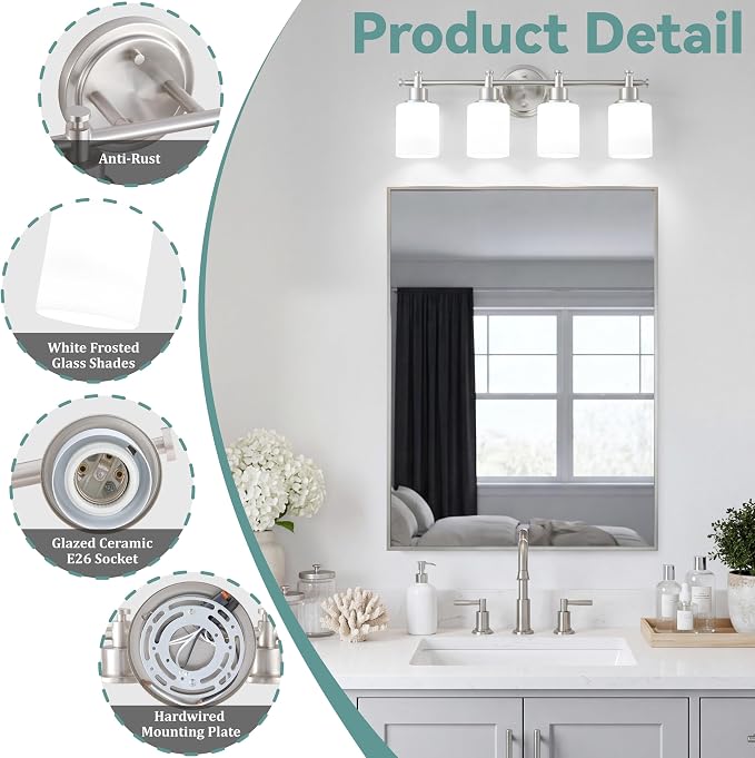 4 Light Bathroom Vanity Light, 23 In Brushed Nickel Vanity Light Fixture | Modern Anti-Rust Wall Sconce over Mirror with White Frosted Glass Shade, Bathroom, Hallway, 23 In, E26(Bulbs Not Included)