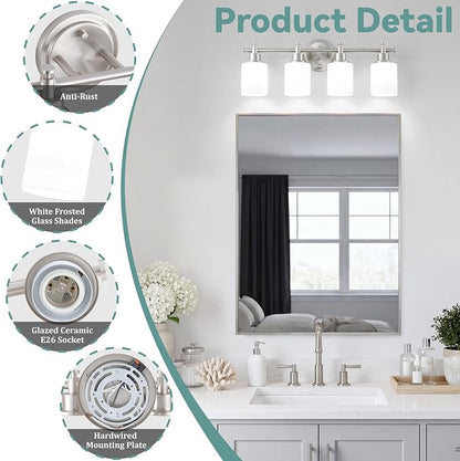 4 Light Bathroom Vanity Light, 23 In Brushed Nickel Vanity Light Fixture | Modern Anti-Rust Wall Sconce over Mirror with White Frosted Glass Shade, Bathroom, Hallway, 23 In, E26(Bulbs Not Included)