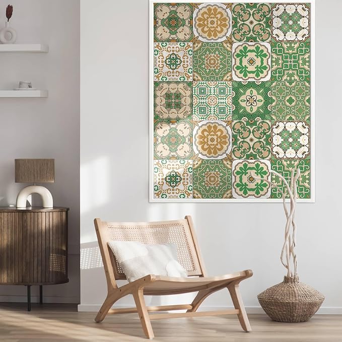 6X6 in Green Mandala Tile Stickers,12Pcs Wall Tile Decals | 1.6mm-Thick Foam+PE Tiles,Self Adhesive Backsplash Tile,Waterproof Removable Wall Decor for Kitchen,Bathroom