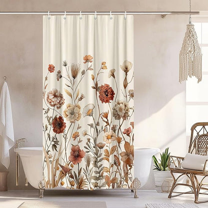 Vintage Boho Beige Floral Shower Curtain, Brown Cream Tan Rustic Farmhouse Flower Shower Curtain Set, Cute Botanical Wlidflowers Fabric Shower Curtains Decoration, 36X72 Aesthetic Bathroom Accessories
