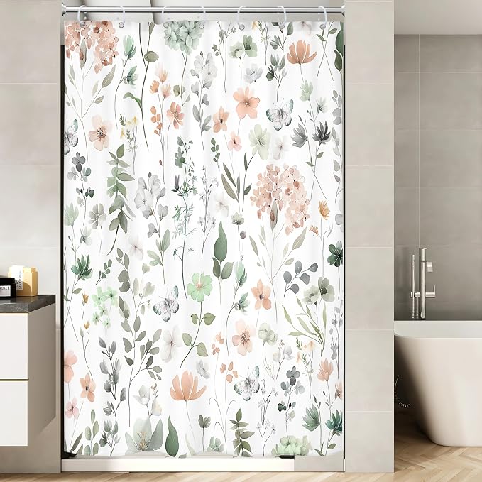 Cute Floral Small Stall Sage Green Flower Girls Bathroom Shower Curtain Set | 48"W x 72"H Wildflower Butterfly; waterproof HD print, quick-dry fabric and plastic hooks for easy setup.