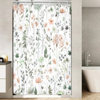 Cute Floral Small Stall Sage Green Flower Girls Bathroom Shower Curtain Set | 48"W x 72"H Wildflower Butterfly; waterproof HD print, quick-dry fabric and plastic hooks for easy setup.