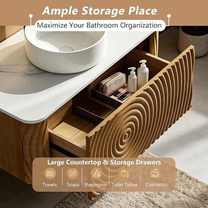 72" Floating Bathroom Vanity with Double Sink, Mid-Century Wall Mounted Bathroom Vanity Cabinet with Wood Waved Decor, Ceramic Vessel Basin, Sintered Stone Top, Soft Close Drawer, Side Open Cube