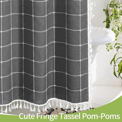 Charcoal Grey Boho Farmhouse Shower Curtain for Bathroom 72x72 | French Country Plaid Tassel Shower Curtain, Rustic Aesthetic Bathroom Decor Windows Curtain