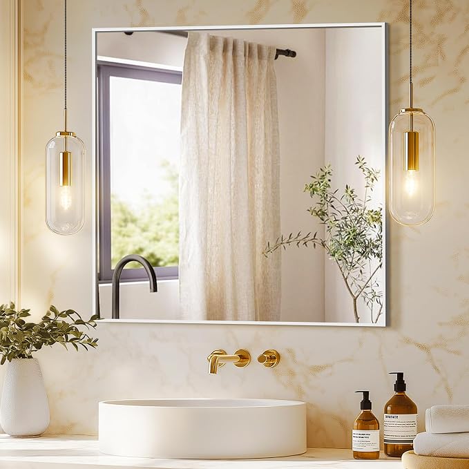 Bathroom Vanity Mirror for Wall, 30"x30" Bathroom Mirror for Over Sink | HD Shatterproof Glass, Rectangular Metal Frame, Mirror for Bathroom, Living Room, Entryway, Silver