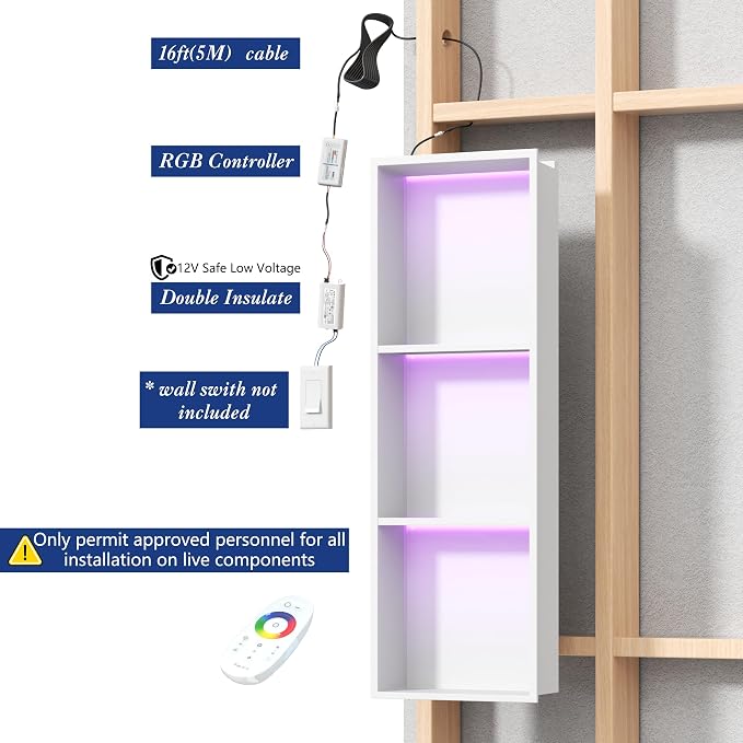 3-Tier 12x36Inch Wall Niche with RGB Lights, White Recessed Stainless Steel Shower Niche with RGB Colorful Remote Control, NO Tile Needed Bathroom Storage Organizer Waterproof