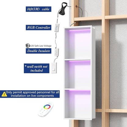 3-Tier 12x36Inch Wall Niche with RGB Lights, White Recessed Stainless Steel Shower Niche with RGB Colorful Remote Control, NO Tile Needed Bathroom Storage Organizer Waterproof