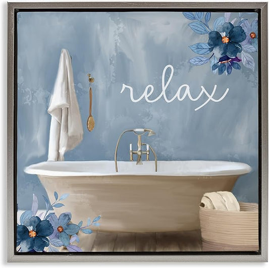 Blue Floral Bathroom Relax Scene, 17 x 17 Inch Canvas in Floater Frame | Stupell Industries · By Kim Allen · Ready to hang · Perfect for bath or laundry decor · Made in USA