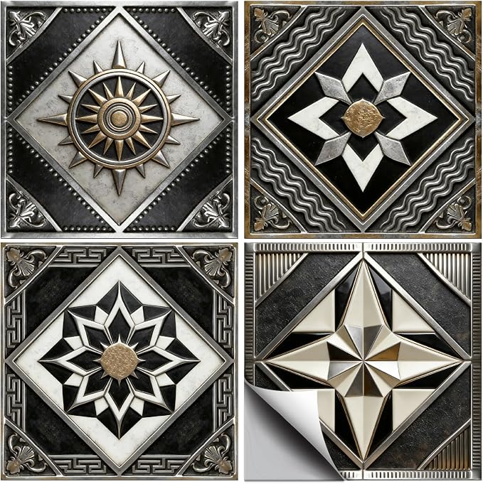 36pcs 4 Styles Retro Pattern Tile Stickers Black and Brown Geometric Patterns Waterproof PVC Tile Decals for Kitchen Bathroom 4x4 inch