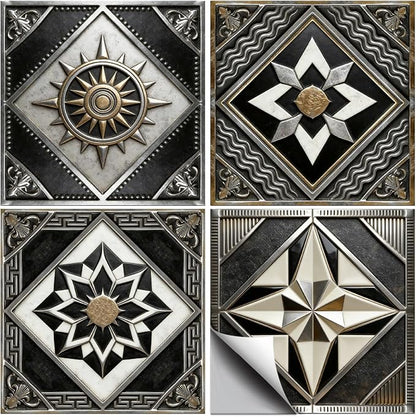 36pcs 4 Styles Retro Pattern Tile Stickers Black and Brown Geometric Patterns Waterproof PVC Tile Decals for Kitchen Bathroom 4x4 inch