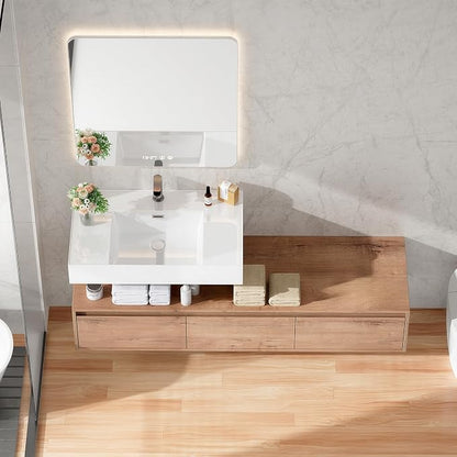 60 Inch Floating Bathroom Vanity with Single Sink, Modern Wall-Mounted Bathroom Cabinet with Resin Sink & Soft Close Drawer, Split-Level Layout (Nature Oak, 60")