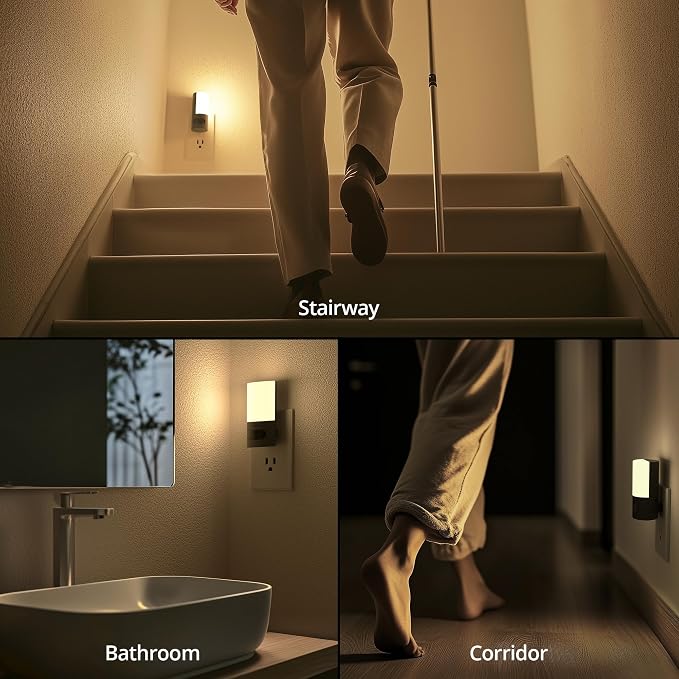 Plug-in LED Rotatable Night Light with Motion Sensor, Dimmable Backlit Nightlight with 1-150lm Adjustable Brightness for Bathroom, Bedroom, Hallway, Stairs, 2 Pack